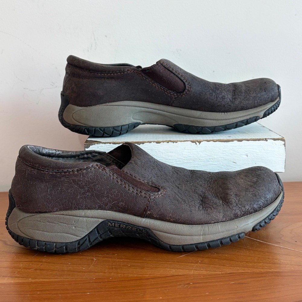 Merrell Encore Moc Floral Mahogany Brown Leather Slip On Shoes Womens 5.5 J56364